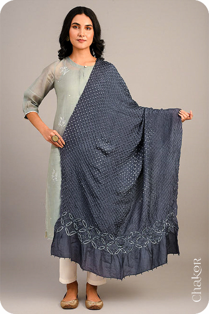 Grey Bandhani Mulberry Silk Dupatta