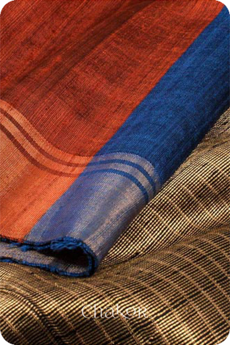 Rust Blue Tussar Silk Saree