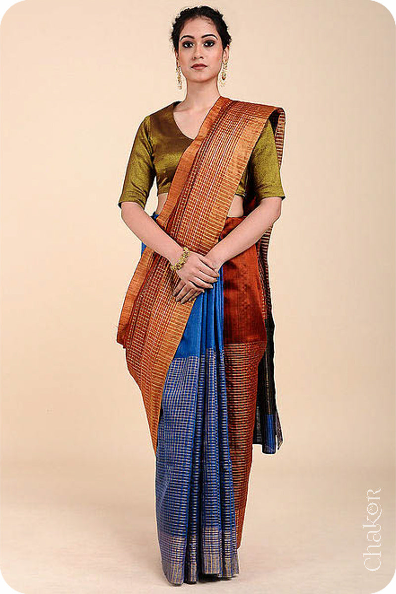 Rust Blue Tussar Silk Saree