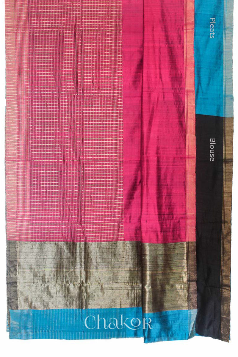 Pink Turquoise Tussar Silk Saree