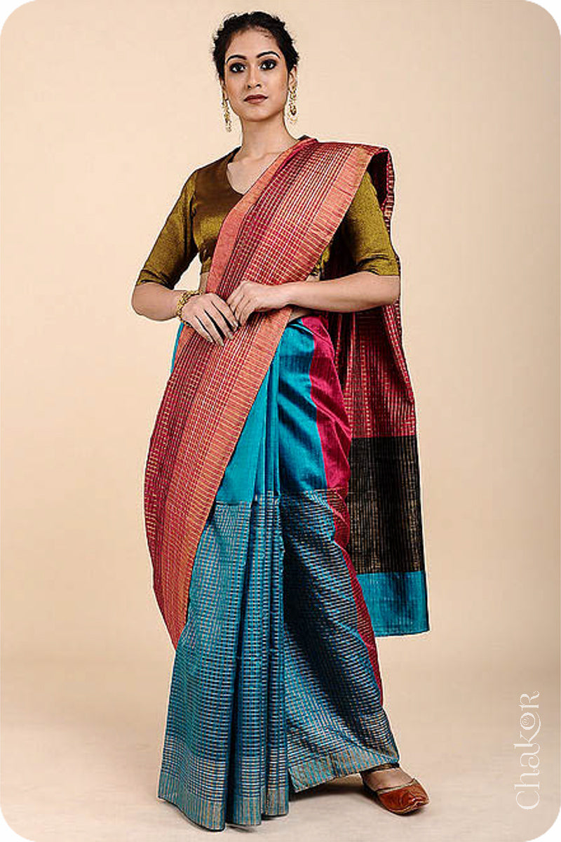 Pink Turquoise Tussar Silk Saree