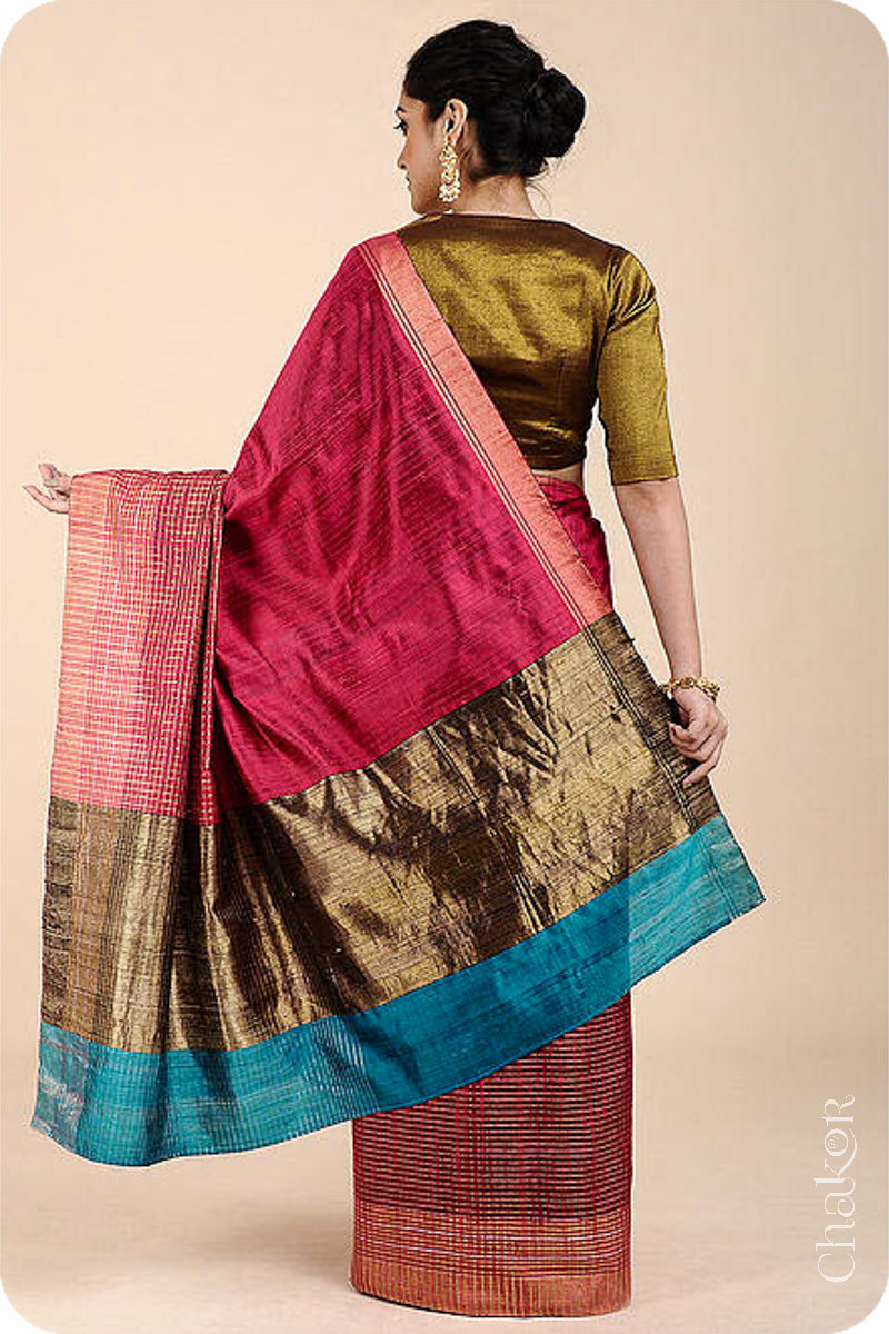 Pink Turquoise Tussar Silk Saree