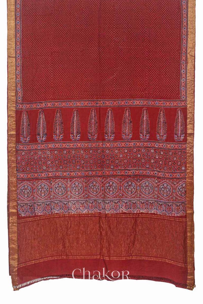 Chakor's Natural Dyed Madder Red Ajrakh Mangalgiri Cotton Saree.