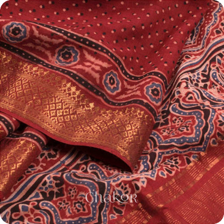 Chakor's Natural Dyed Madder Red Ajrakh Mangalgiri Cotton Saree.