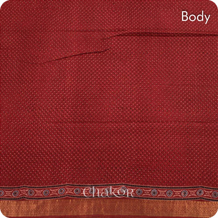 Chakor's Natural Dyed Madder Red Ajrakh Mangalgiri Cotton Saree.