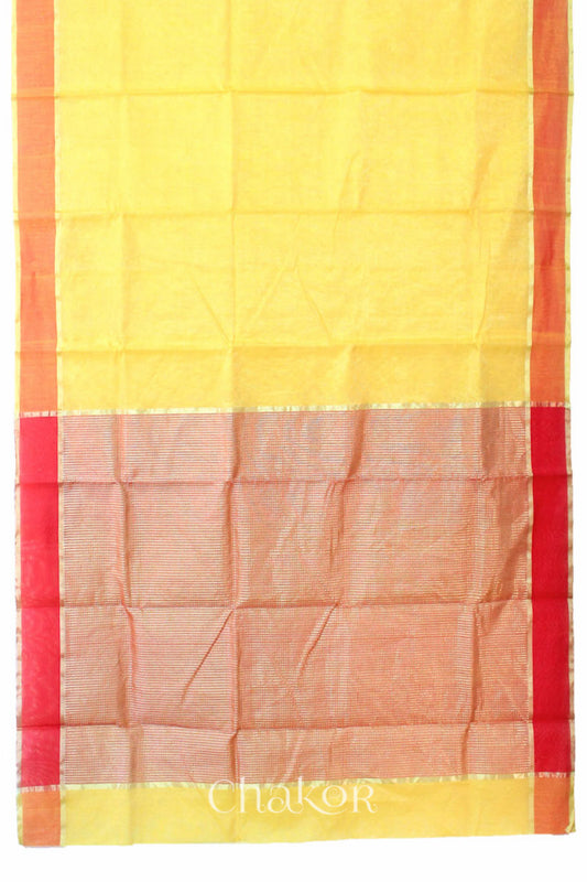 Chakor's Yellow Handlom Silk Cotton Saree with woven rust border and tissue pallu.