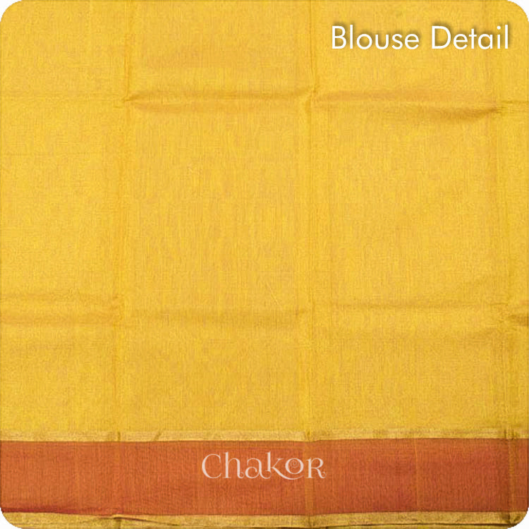 Chakor's Yellow Handlom Silk Cotton Saree with woven rust border and tissue pallu.