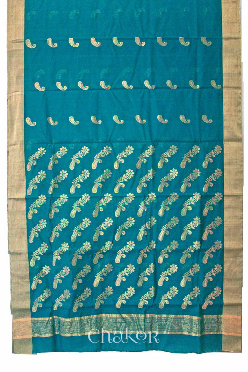 Chakor's Peacock Blue Handloom Silk Cotton Saree with woven pailsey buttis in zari.