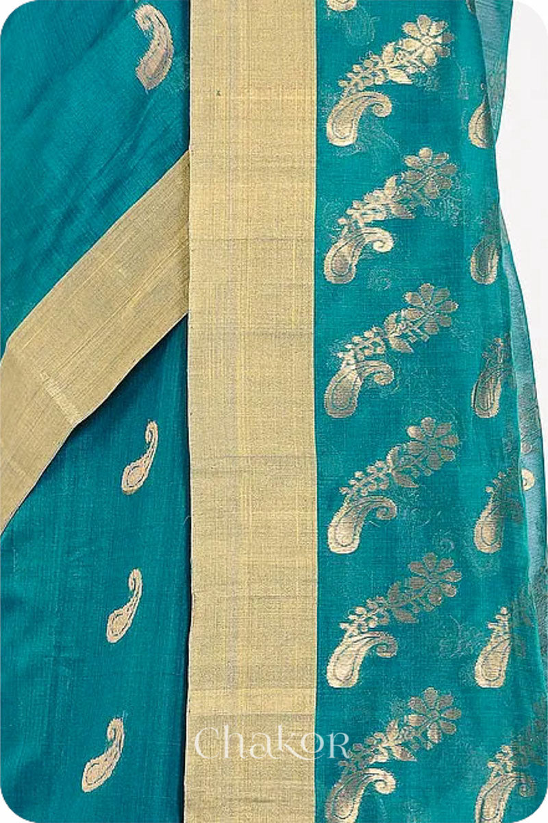 Chakor's Peacock Blue Handloom Silk Cotton Saree with woven pailsey buttis in zari.