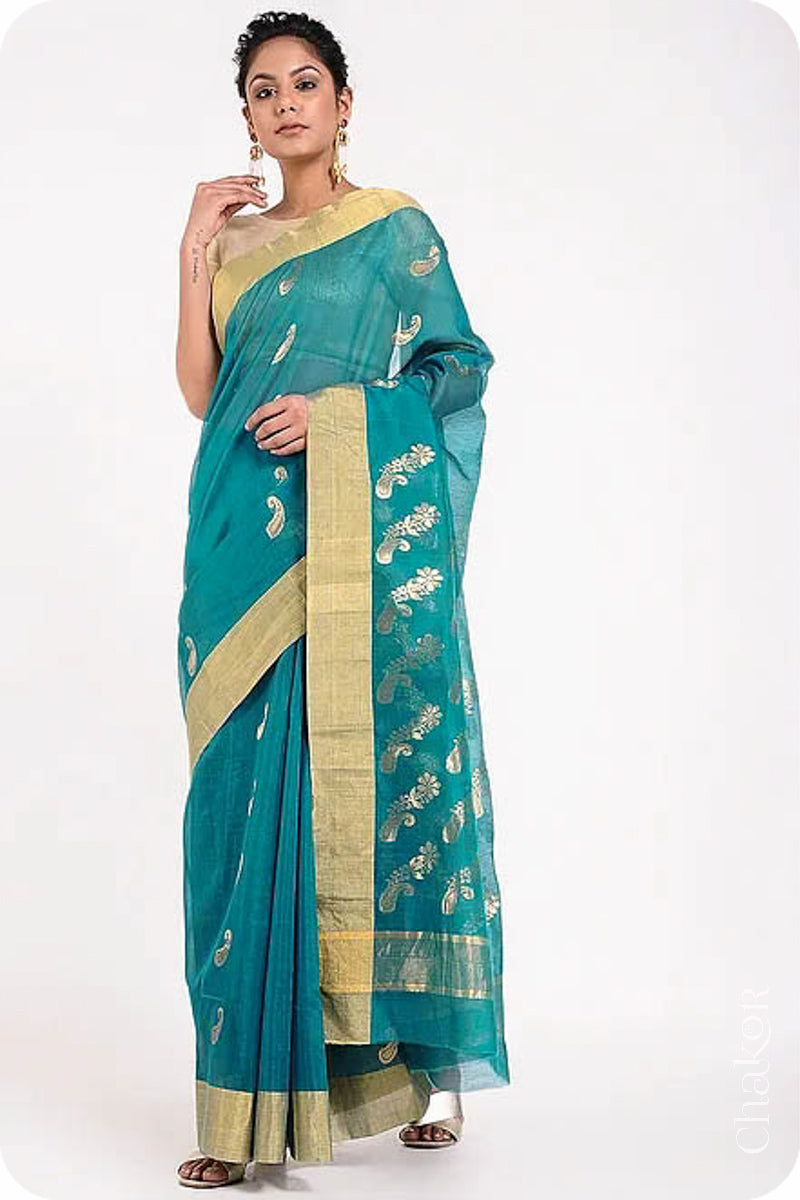 Chakor's Peacock Blue Handloom Silk Cotton Saree with woven pailsey buttis in zari.