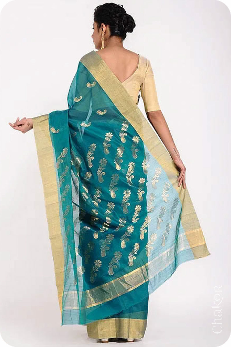 Chakor's Peacock Blue Handloom Silk Cotton Saree with woven pailsey buttis in zari.