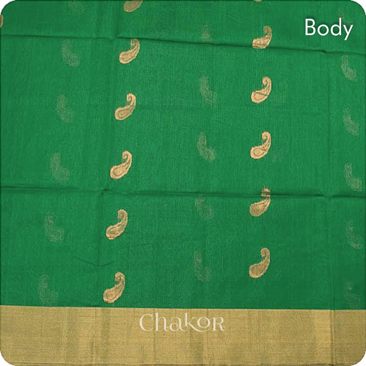 Chakor's Green Silk Cotton Saree with woven paisley buttis in zari.