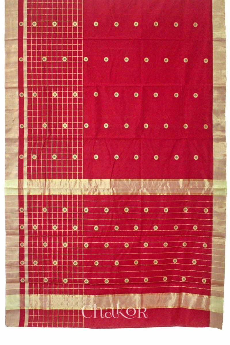 Chakor's Red Handloom silk Cotton Saree with woven buttis in zari and coloured thread.