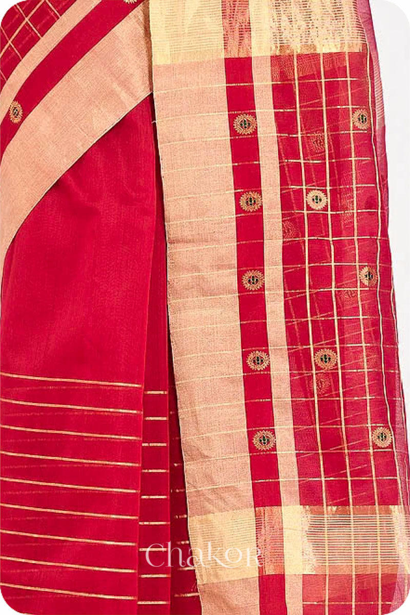 Chakor's Red Handloom silk Cotton Saree with woven buttis in zari and coloured thread.