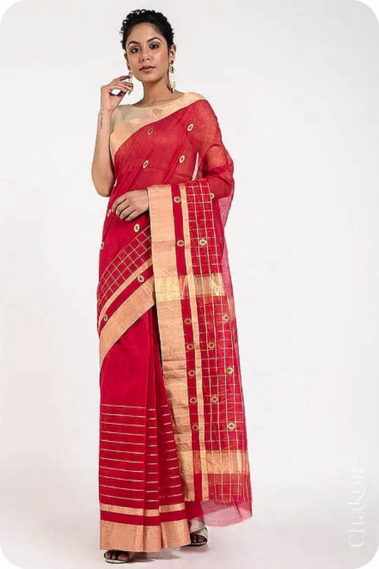 Chakor's Red Handloom silk Cotton Saree with woven buttis in zari and coloured thread.