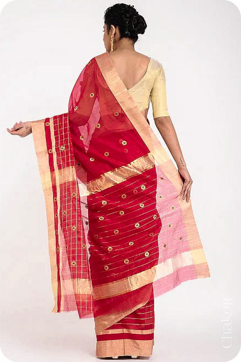 Chakor's Red Handloom silk Cotton Saree with woven buttis in zari and coloured thread.