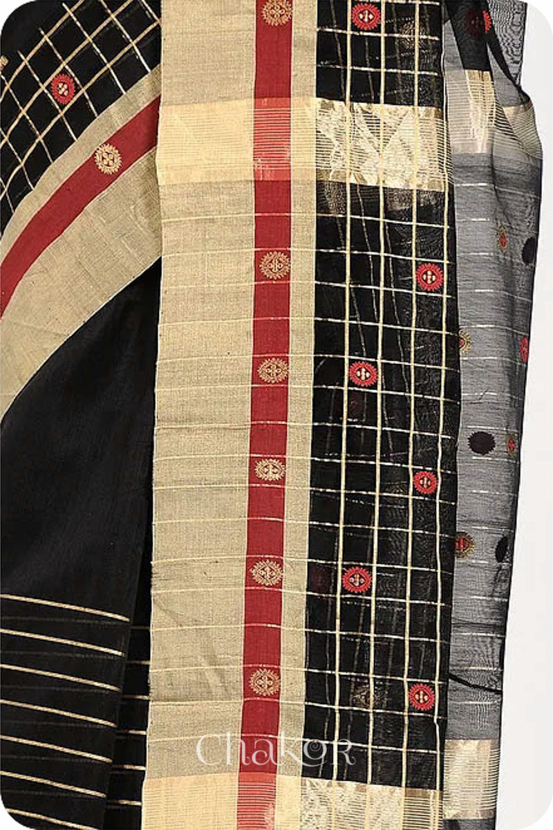 Chakor's Black Handloom silk Cotton Saree with woven buttis in zari and coloured thread.