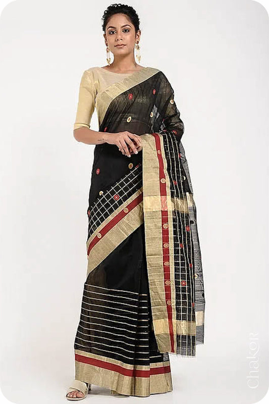 Chakor's Black Handloom silk Cotton Saree with woven buttis in zari and coloured thread.