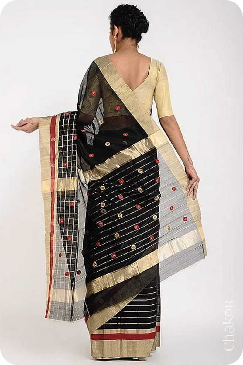 Chakor's Black Handloom silk Cotton Saree with woven buttis in zari and coloured thread.