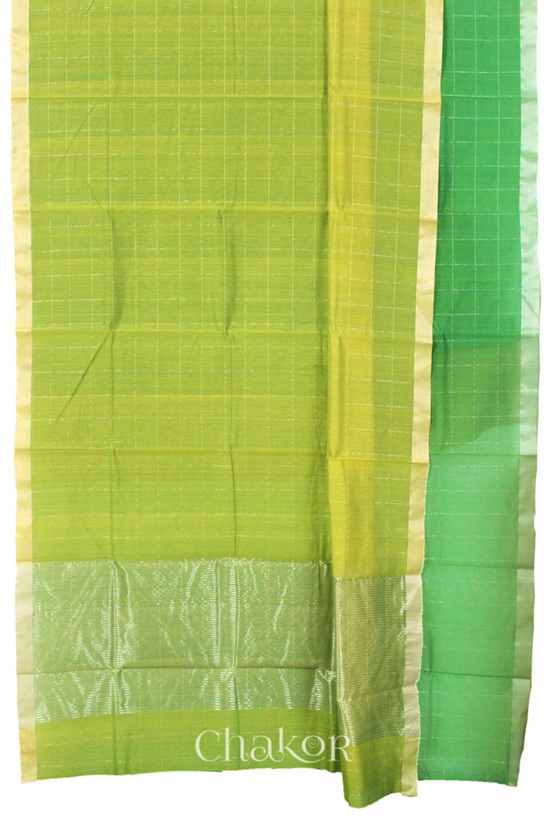 Chakor's Jade Lime Silk Cotton Saree with woven tissue zari chex. 