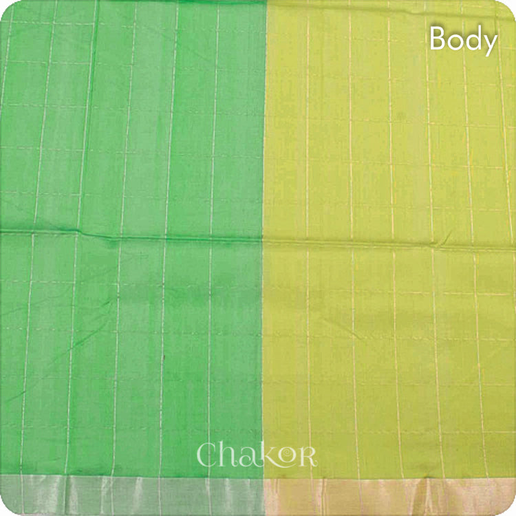 Chakor's Jade Lime Silk Cotton Saree with woven tissue zari chex. 