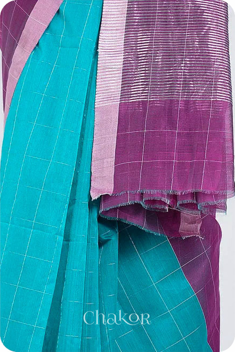 Chakor's Blue Magenta Silk Cotton Saree with woven tissue zari chex. 