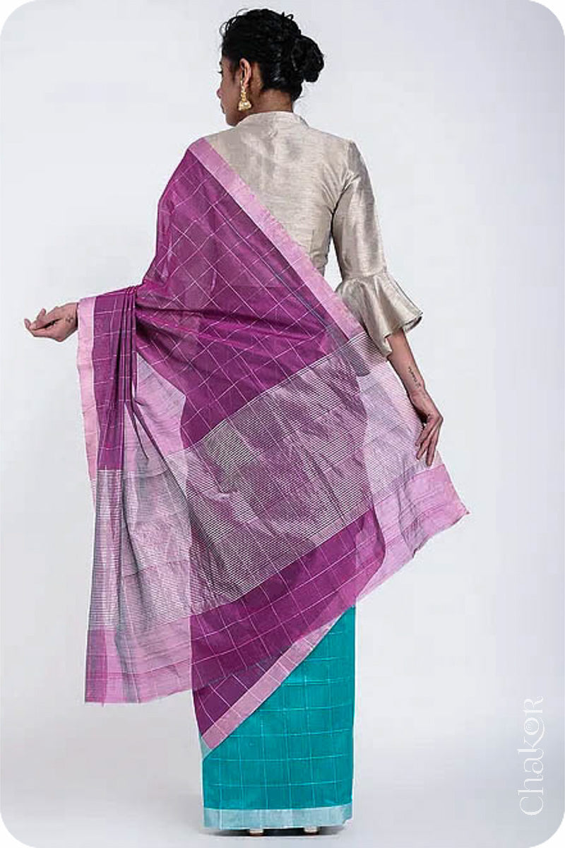 Chakor's Blue Magenta Silk Cotton Saree with woven tissue zari chex. 