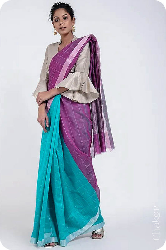 Chakor's Peacock Magenta Silk Cotton Saree with woven tissue zari chex. 