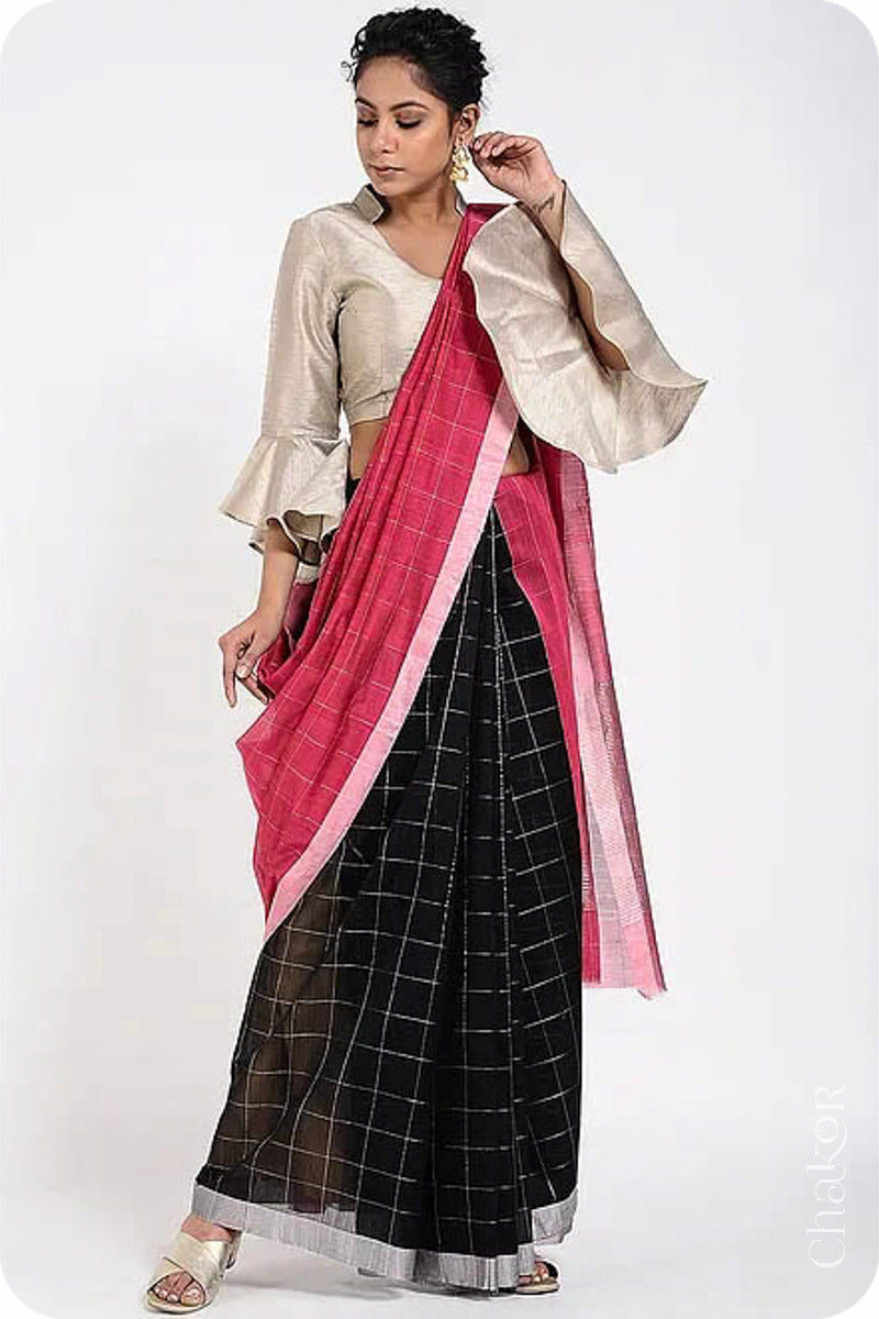 Chakor's Black Red Silk Cotton Saree with woven tissue zari chex. 