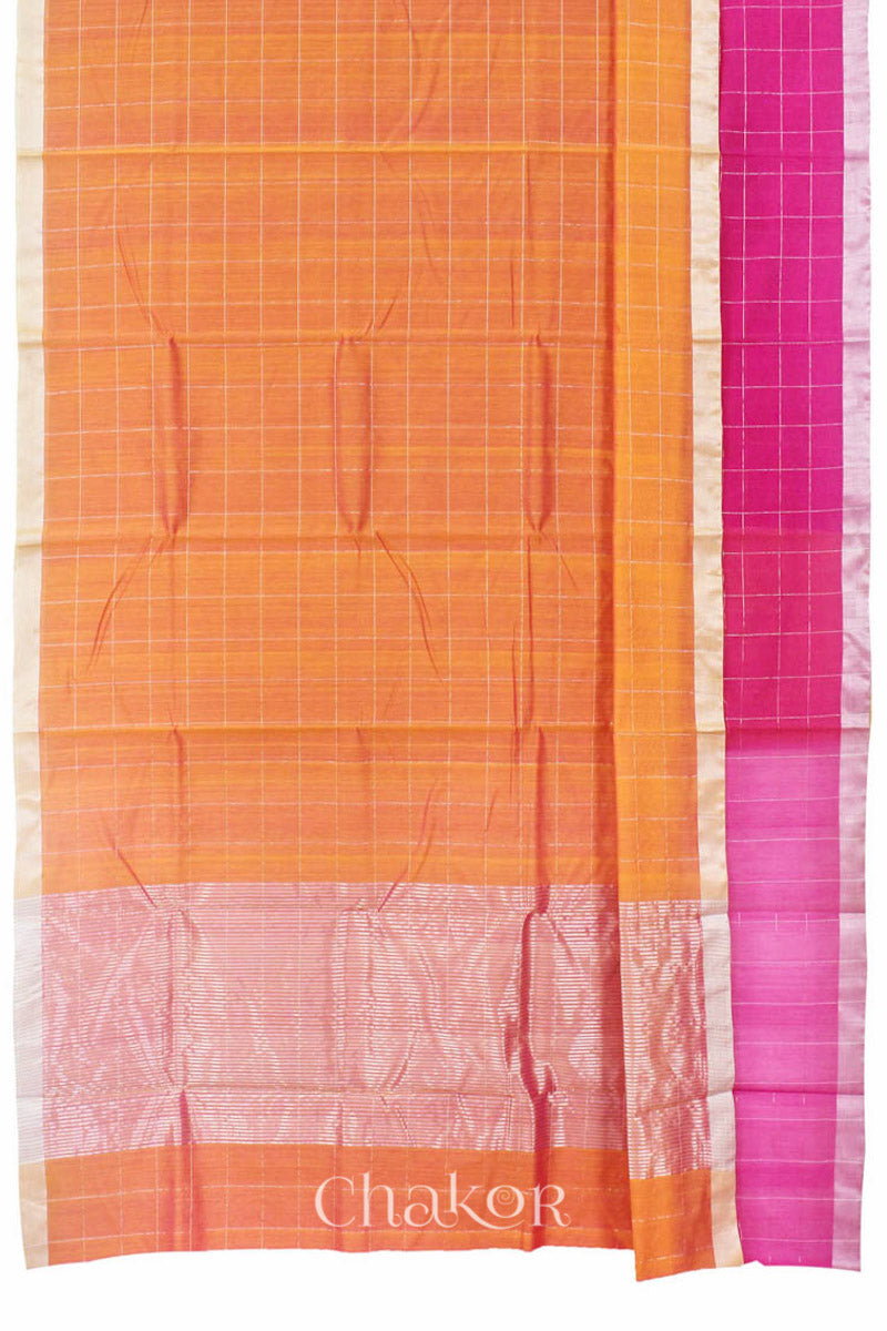 Chakor's Pink Orange Silk Cotton Saree with woven tissue zari chex. 