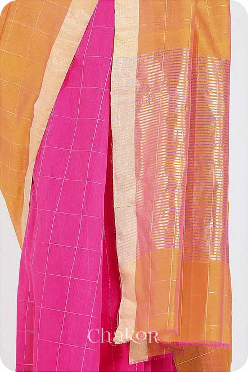 Chakor's Pink Orange Silk Cotton Saree with woven tissue zari chex. 