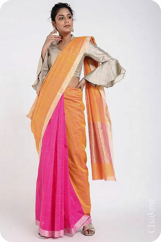 Chakor's Pink Orange Silk Cotton Saree with woven tissue zari chex. 