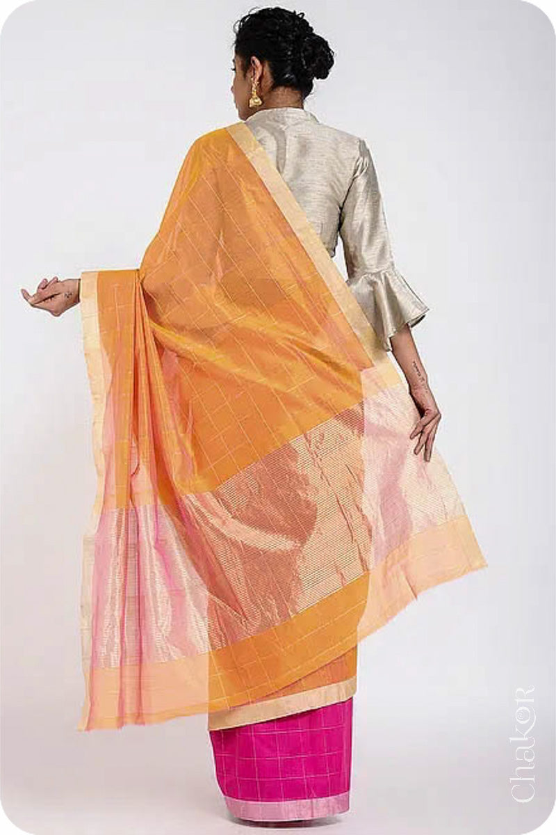 Chakor's Pink Orange Silk Cotton Saree with woven tissue zari chex. 