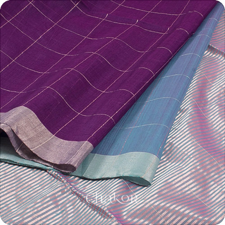 Chakor's Purple Blue Silk Cotton Saree with woven tissue zari chex. 