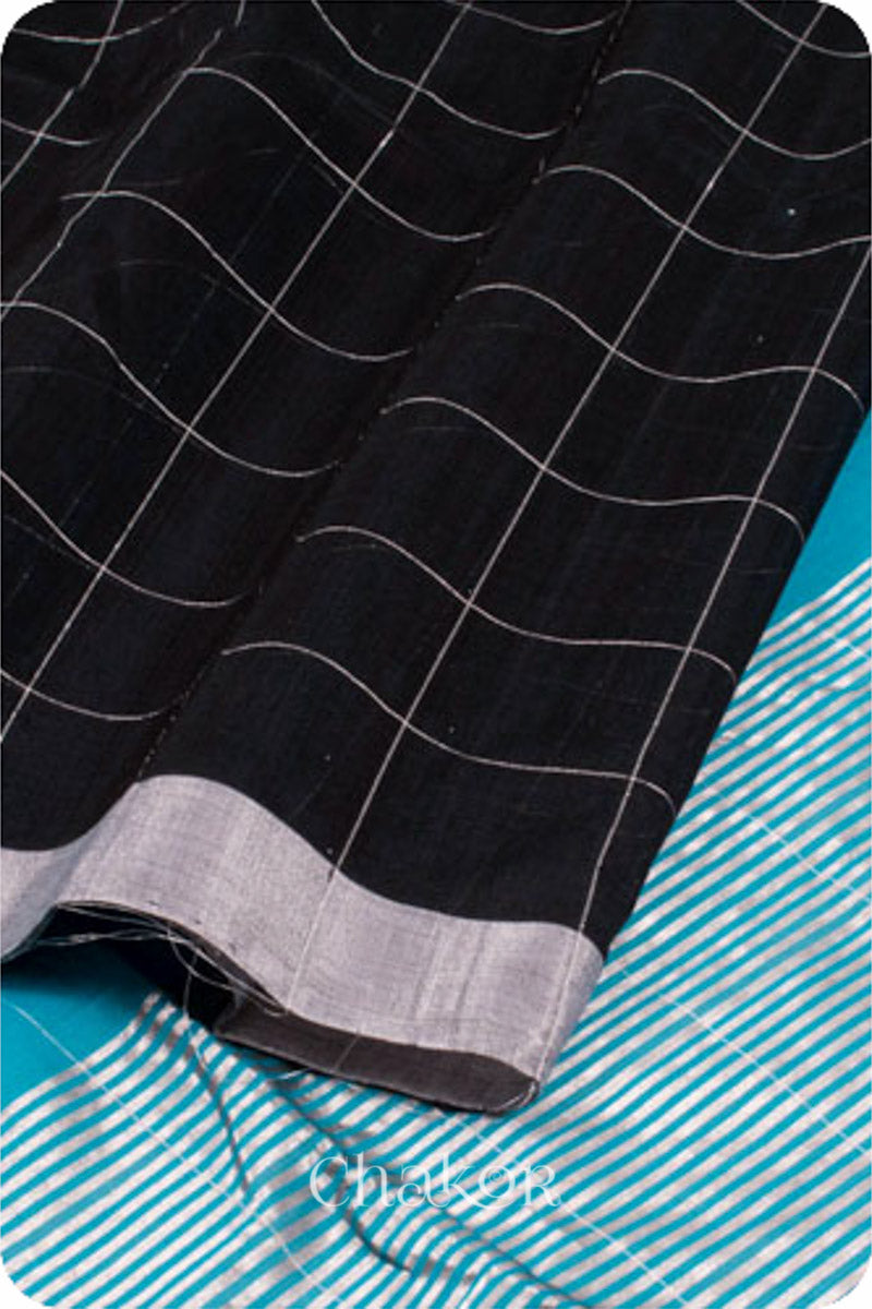 Chakor's Peacock & Black Handloom Silk Cotton Saree with woven tissue zari chex.