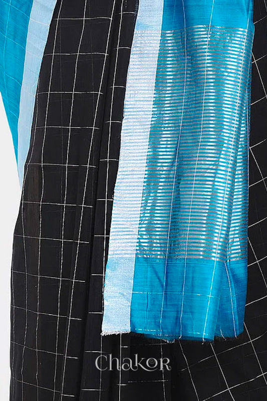 Chakor's Peacock & Black Handloom Silk Cotton Saree with woven tissue zari chex.