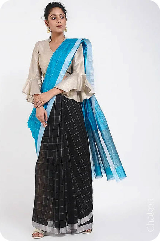 Chakor's Peacock & Black Handloom Silk Cotton Saree with woven tissue zari chex.