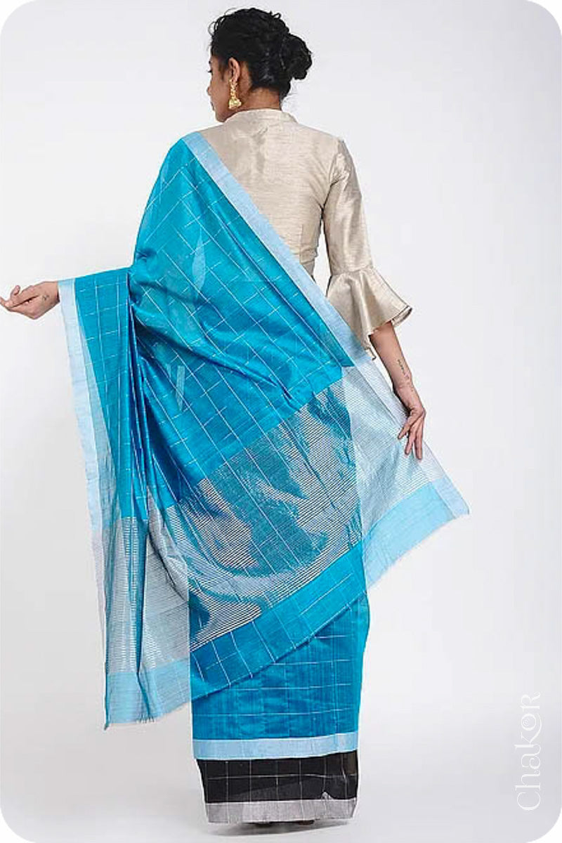 Chakor's Peacock & Black Handloom Silk Cotton Saree with woven tissue zari chex.