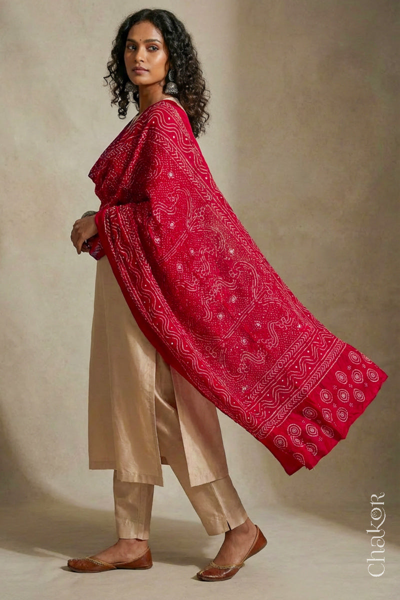 Red Bandhani Mulberry Silk Dupatta