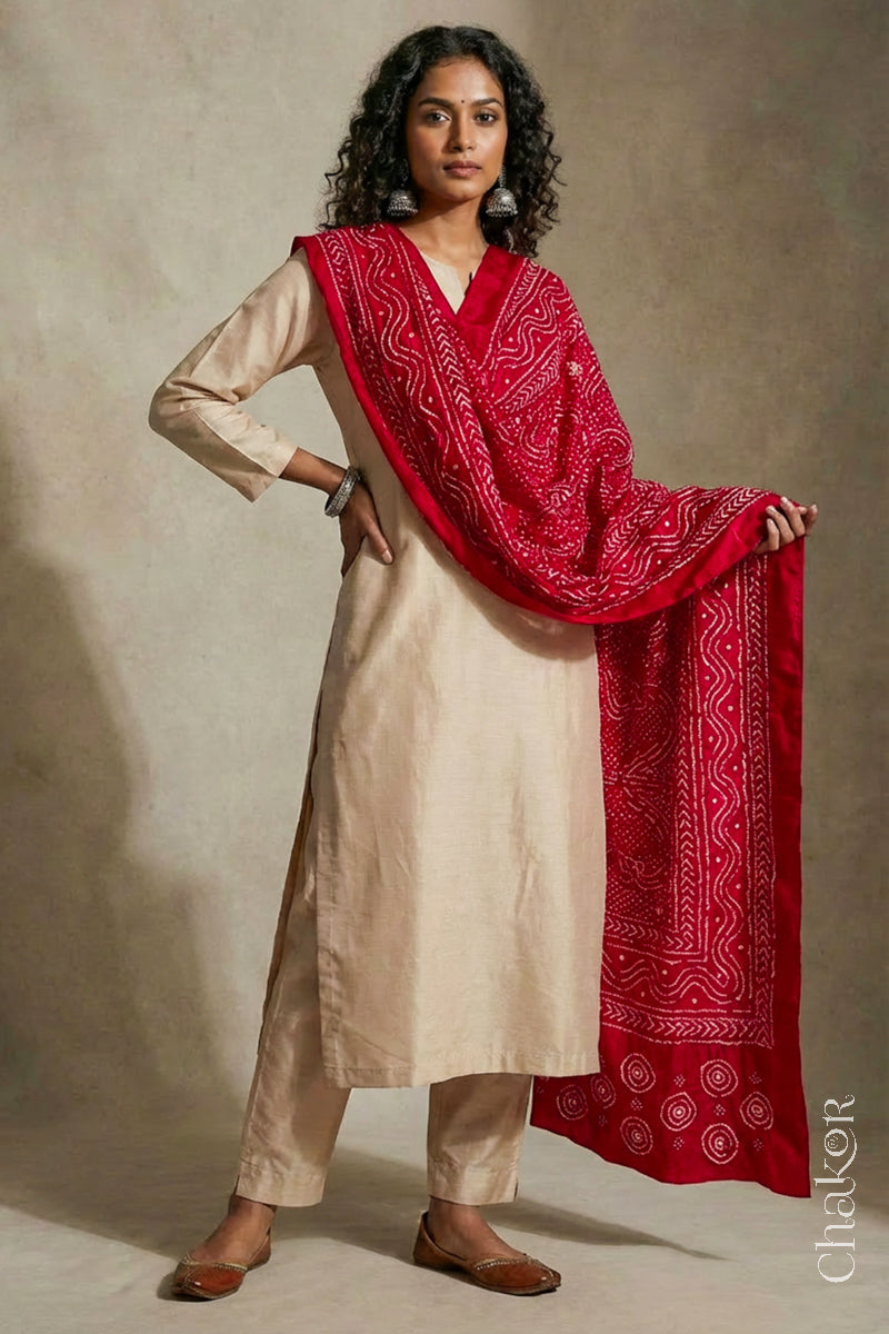 Red Bandhani Mulberry Silk Dupatta