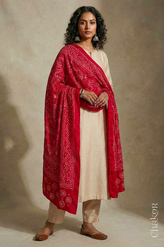 Red Bandhani Mulberry Silk Dupatta
