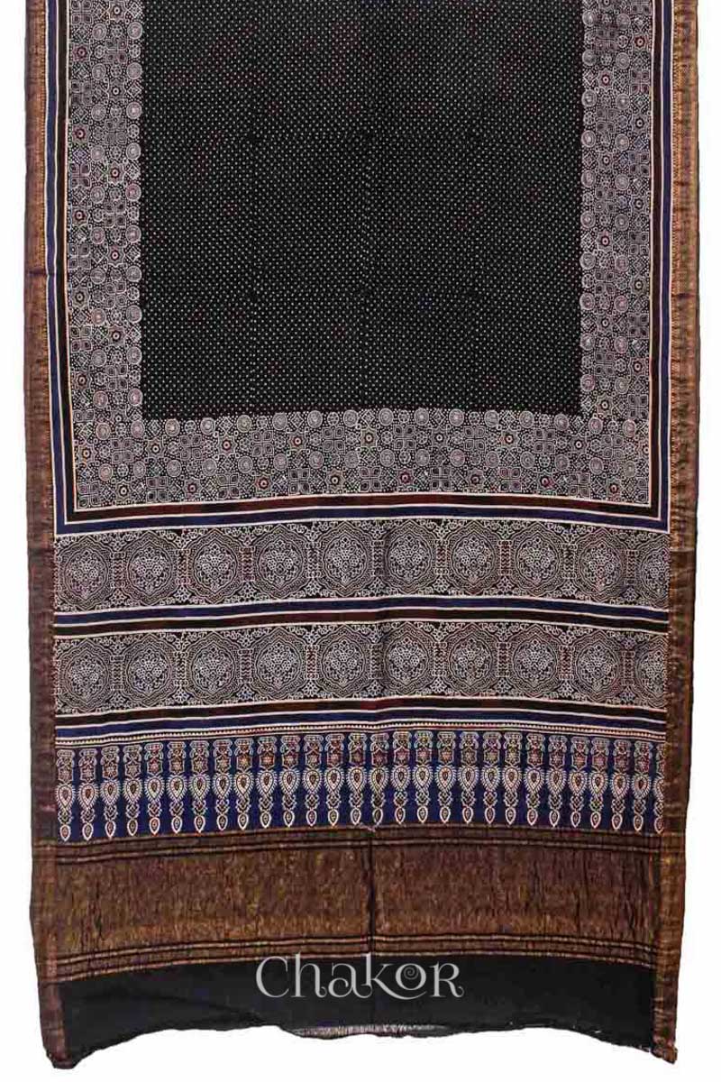 Chakor's Natural Dyed Black Ajrakh Mangalgiri Cotton Saree.