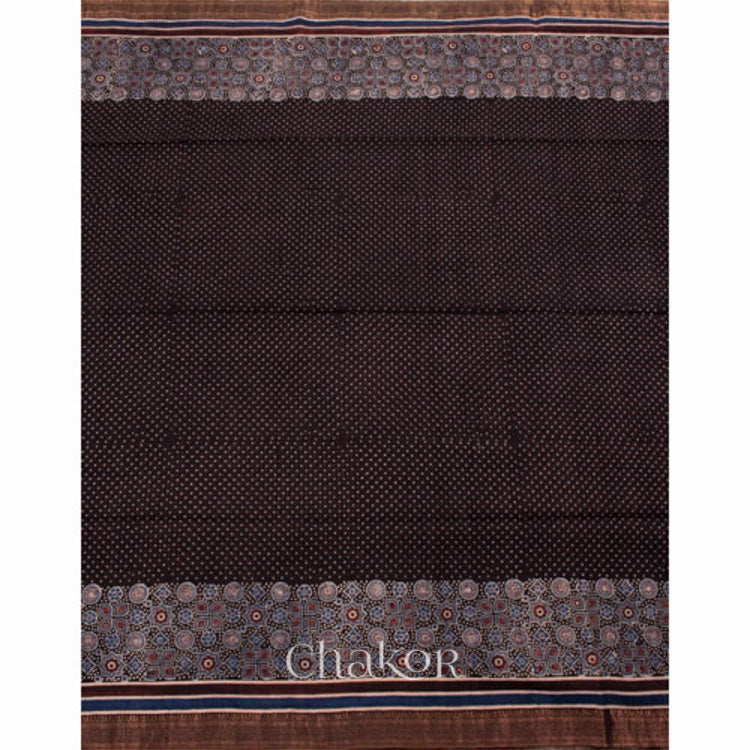 Chakor's Natural Dyed Black Ajrakh Mangalgiri Cotton Saree.