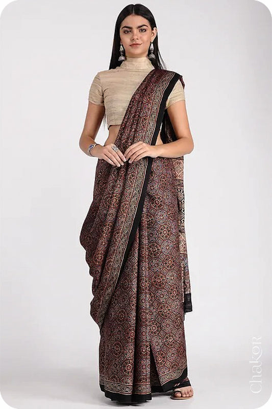 Natural Dyed Black Ajrakh Modal Cotton Saree