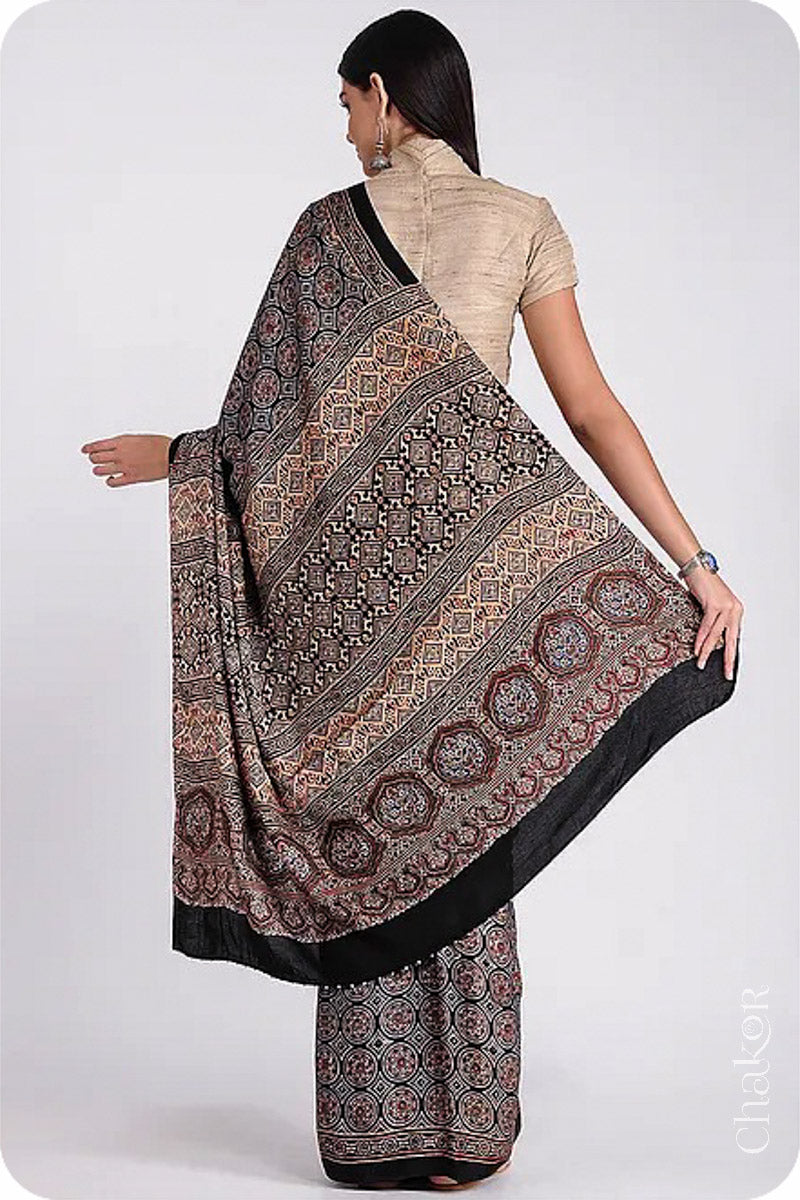 Natural Dyed Black Ajrakh Modal Cotton Saree