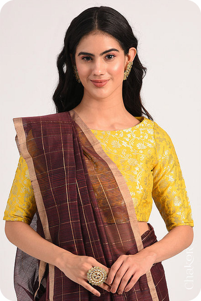 Chakor's Maroon Chanderi Silk Cotton Saree with woven tissue zari chex.. 