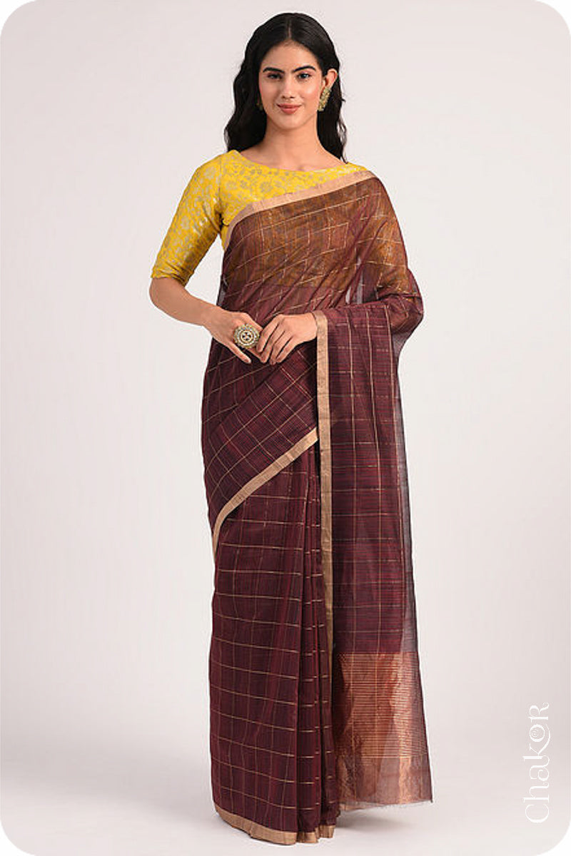 Chakor's Maroon Chanderi Silk Cotton Saree with woven tissue zari chex.. 