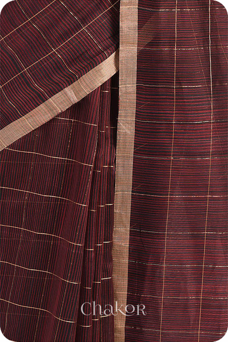 Chakor's Maroon Chanderi Silk Cotton Saree with woven tissue zari chex.. 