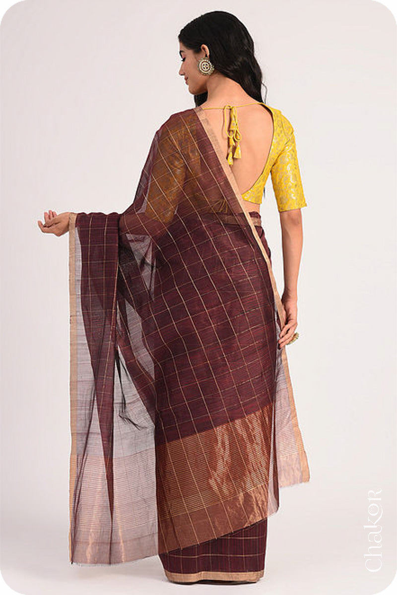 Chakor's Maroon Chanderi Silk Cotton Saree with woven tissue zari chex.. 