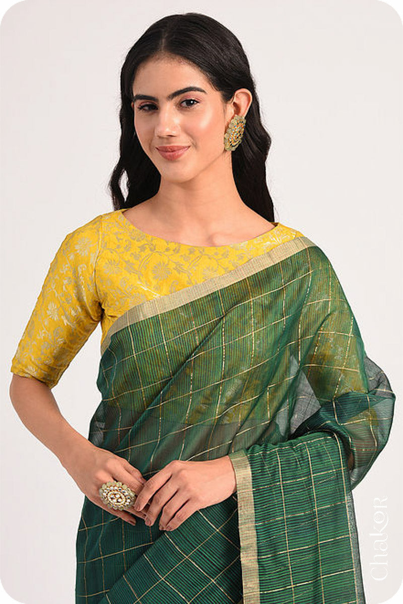 Chakor's Green Chanderi Silk Cotton Saree with woven tissue zari chex.. 